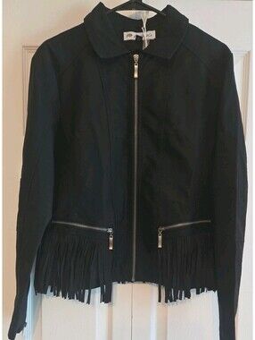 Nwt Montana Co Biker Jacket Fringe Cowgirl Faux Leather Black Sz L